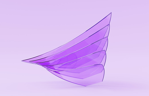 Abstract glass multilayer purple background 3d render. Transparent curve triangle shape of plastic or acrylic with sharp edges and layered effect. Hologram geometric gradient form. 3D illustration
