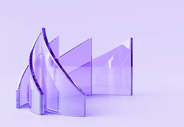 3d render abstract glass purple geometric background. Transparent crystal curved triangle plates, hologram gradient frames with layered effect, stage with plastic or acrylic shapes