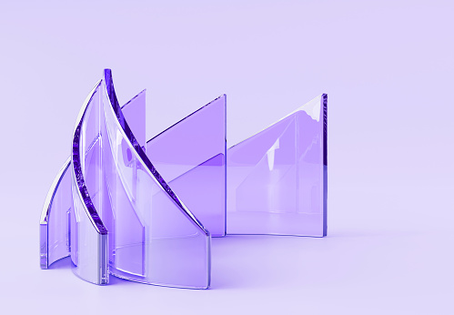 3d render abstract glass purple geometric background. Transparent crystal curved triangle plates, hologram gradient frames with layered effect, stage with plastic or acrylic shapes. 3D illustration