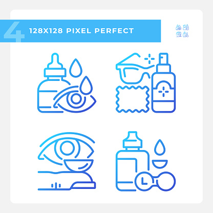 2D pixel perfect gradient icons set representing eye care, thin linear illustration.