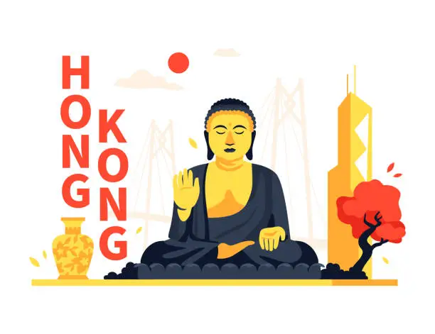 Vector illustration of Hong Kong and Buddha statue - modern colored vector illustration