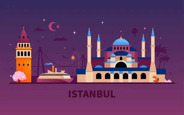 Vector illustration of Night views of Istanbul - modern colored vector illustration