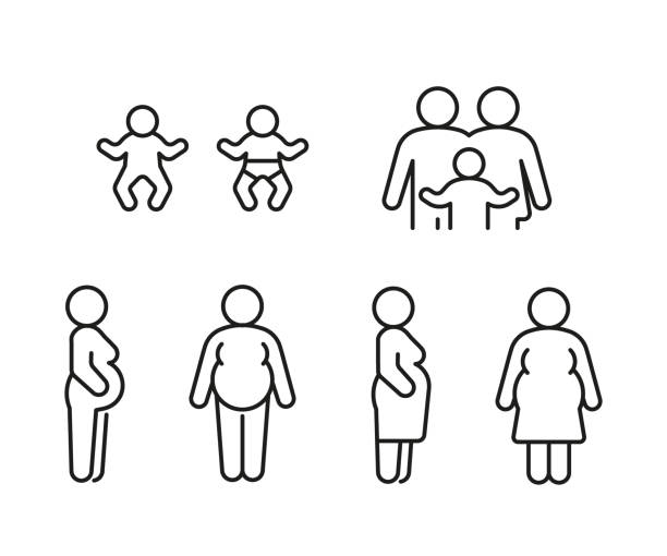 ilustrações de stock, clip art, desenhos animados e ícones de pregnant woman. family with child, line icon set. kid with father and mother, parents. happy family. vector illustration - human pregnancy couple prenatal care heterosexual couple