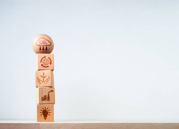 istock Co2 environment, global warming concepts. Green icon on wooden block stack on white background with copy space. Sustainable development, green business from renewable energy carbon emission reduction. 1751674226