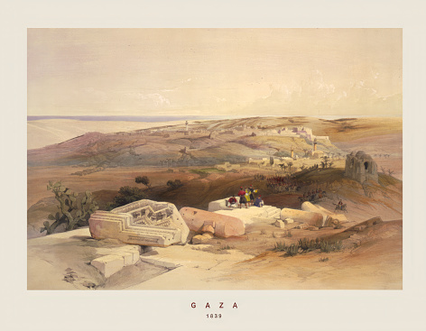 Vintage painting shows a panoramic view of Gaza in the State of Palestine, 1839.