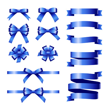 Realistic silk blue ribbon and bow illustration vector set.