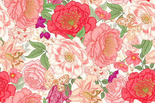 Seamless floral background. Peonies, roses, tulips, lilies and other luxurious flowers. Flower pattern. Vector illustration. Vintage. Template for paper, wallpaper, textiles.