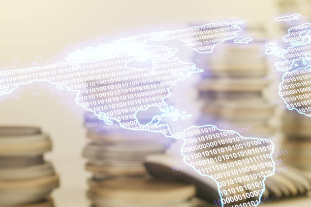Double exposure of graphic America map hologram on growing coins stacks background, big data and digital technology concept