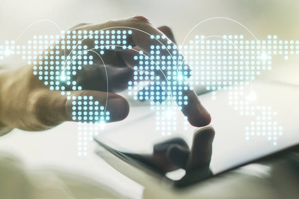 istock Abstract creative world map with connections and finger clicks on a digital tablet on background, international trading concept. Multiexposure 1751694003