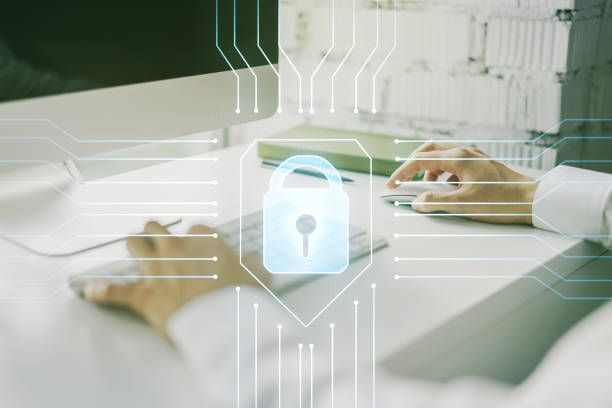 istock Creative lock sketch with chip hologram and hands typing on computer keyboard on background, protection of personal data concept. Multiexposure 1751695103