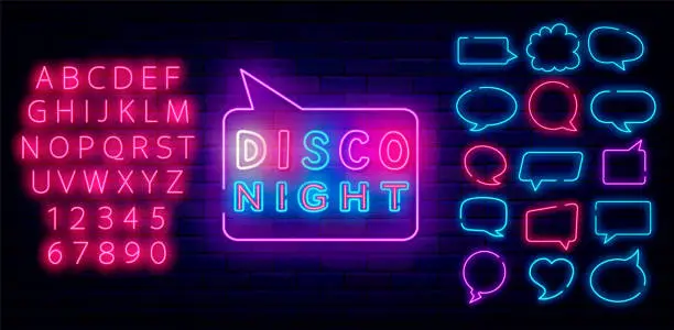 Vector illustration of Disco night neon label. Music club evening. Speech bubbles frames set. Glowing advertising. Vector stock illustration