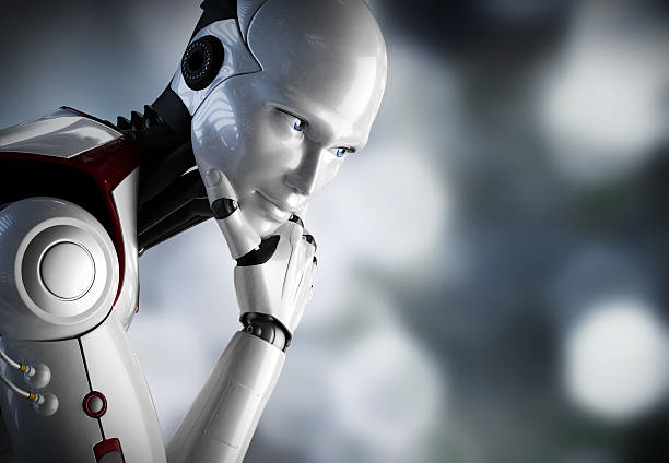 Robot thinking close up 3D visual of a humanoid robot overthinking something. cyber robot stock pictures, royalty-free photos & images