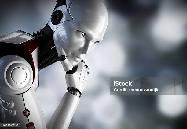 Robot Thinking Close Up Stock Photo - Download Image Now - Robot, Artificial Intelligence, Cyborg