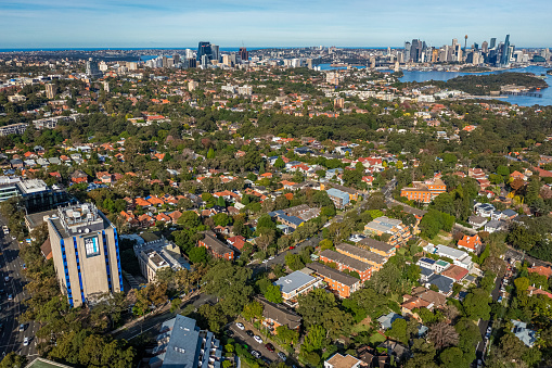 Panoramic drone aerial view of North Sydney towards Sydney Central Business District and Sydney Harbour