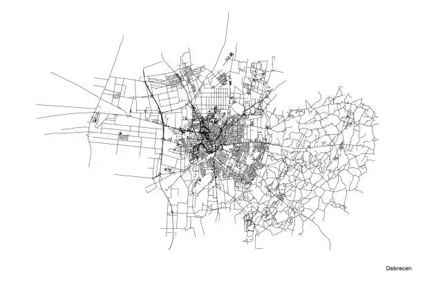 Vector illustration of Debrecen city map with roads and streets, Hungary. Vector outline illustration.