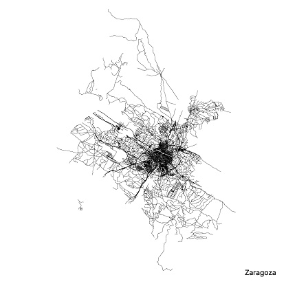 Zaragoza city map with roads and streets, Spain. Vector outline illustration.