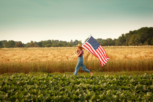 A young farm girl running or walking across a lawn path next to a crop field, holding a flagpole and carrying an American flag, waving and flying behind her in rural Midwest, USA. For concepts of Fourth of July and other national patriotic holidays. Horizontal landscape with copy space. 