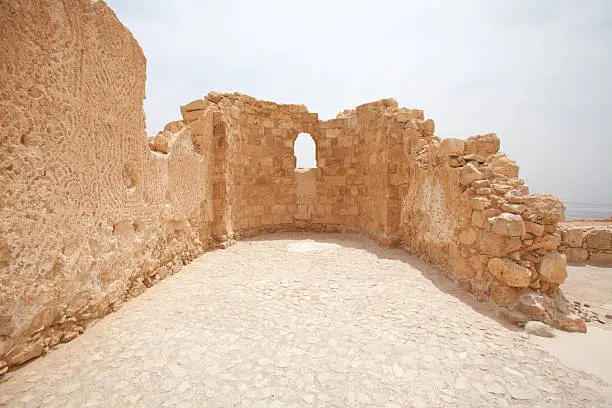 "Archaeology siteof Byzantine Church in Masada National park in Judean desert, Israel"