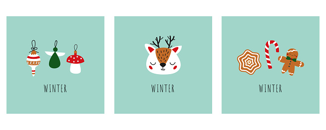 Vector set of winter greeting cards with reindeer, gingerbread, Christmas toys. Greeting card, poster, template. Minimalist greeting card with winter theme. Hand drawn style.