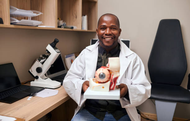 istock Ophthalmologist, health and 3d eye model for learning, teaching and education for vision, wellness and help. African optometrist, exam or test with healthcare, smile and care for eyesight in clinic 1751722520