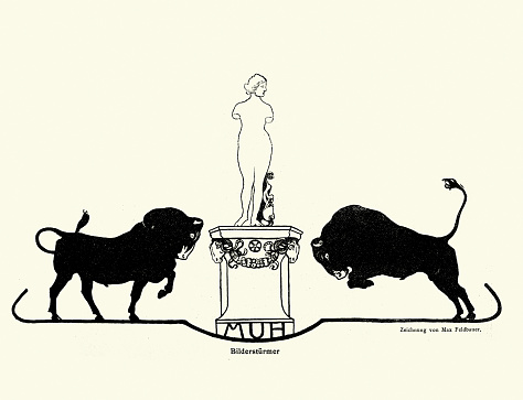 Vintage illustration of Bulls charging a statue of a Greek Goddess, Bildersturmer, iconoclast, Jugendstil, Art Nouveau, German 1890s, Max Feldbauer