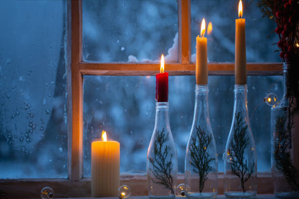 christmas decor on background old wooden  window