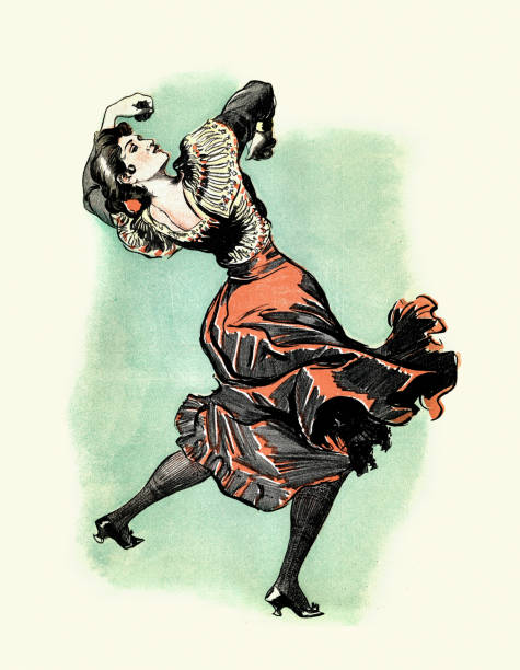 ilustrações de stock, clip art, desenhos animados e ícones de vintage illustration young woman, flamenco dancer dancing with castanets, art nouveau, spanish 1890s - women victorian style retro revival art nouveau