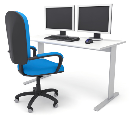 Generic office desk with dual monitors and office chair.