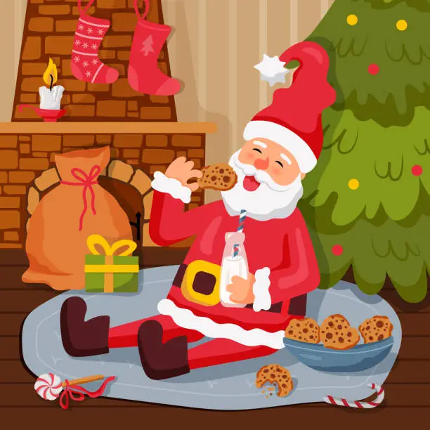 Vector illustration of Santa Claus is eating gingerbread cookies and drinking milk. Vector illustration.