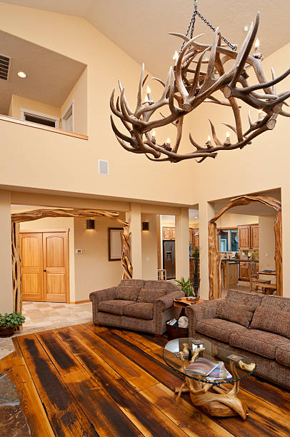 modern living room A living room with a antler chandelier. antler chandelier stock pictures, royalty-free photos & images