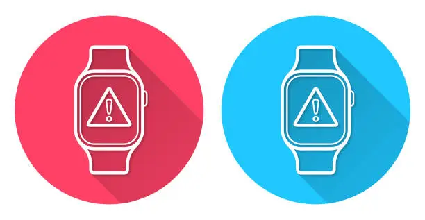 Vector illustration of Smartwatch with hazard warning attention. Round icon with long shadow on red or blue background