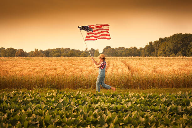 femme courir dans un champ de ferme agitant le drapeau des états-unis - child flag fourth of july little girls photos et images de collection