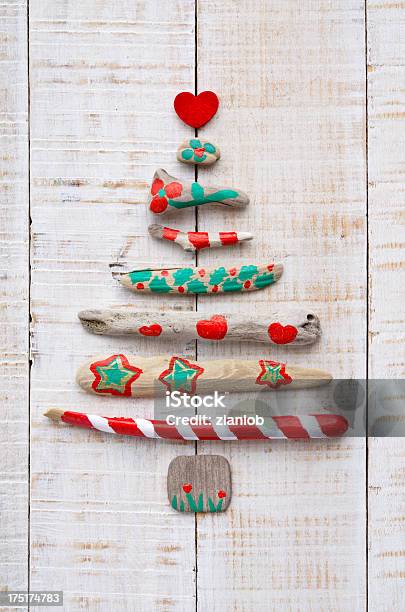 Painted Driftwood Christmas Tree On Textured Wood Stock Photo - Download Image Now - Christmas, Recycling, Abstract