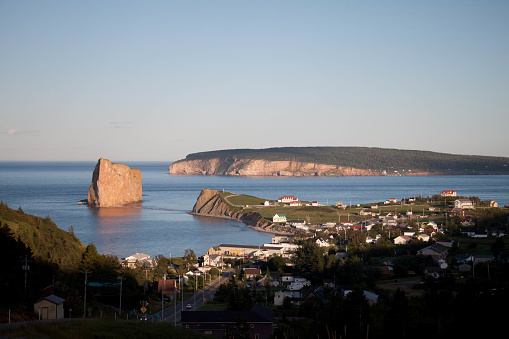 View from above and afar of the little town of Percé, Quebec, Canada. Taken on a sunny day of summer.