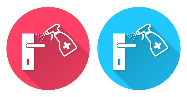 Vector illustration of Door handle disinfection. Round icon with long shadow on red or blue background