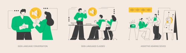 ilustraciones, imágenes clip art, dibujos animados e iconos de stock de ilustraciones vectoriales del concepto abstracto de comunicación de la discapacidad. - american sign language audio