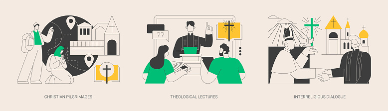 Doctrine of god abstract concept vector illustration set. Christian pilgrimages, theological lectures, interreligious dialogue, church father, religious symbol, visit saint place abstract metaphor.