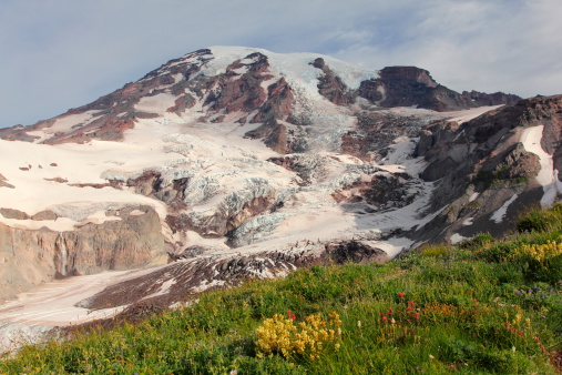 Mt. Rainier Cascade Range Volcano.  Nisqually and Wilson Glaciers visible.