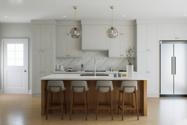istock Bright kitchen with island and large double door refrigerator. White kitchen interior with household appliances. 3D rendering 1751770363