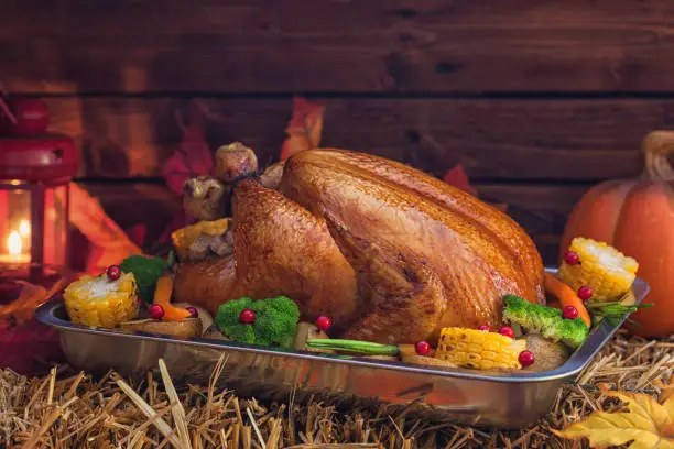 Traditional stuffed Thanksgiving turkey with side dishes