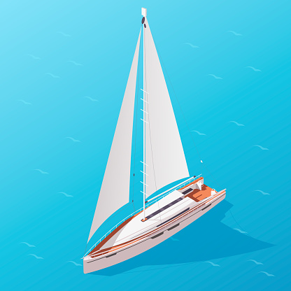 Cartoon yacht with white sails. Blue ocean around. Sea boat, marine ship. Nautical transport, sailboat travel, summer vacation. Holiday cruise, adventure journey. Isometric vector illustration