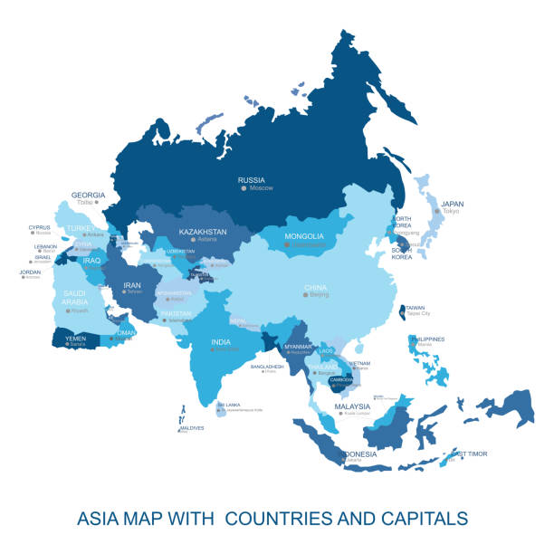 ilustrações, clipart, desenhos animados e ícones de design de vetor azul abstrato do mapa político da ásia definido com o nome e a fronteira dos países e capitais. ilustração moderna de stock. mapa administrativo isolado simplificado com nome de países e capitais. - east china