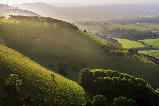 Beautiful view of sunny hills in South Downs stock photo