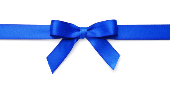 Decorative Blue Bow ribbon for gift decor isolated on white background. Blue satin bow for decor. Holiday decoration.