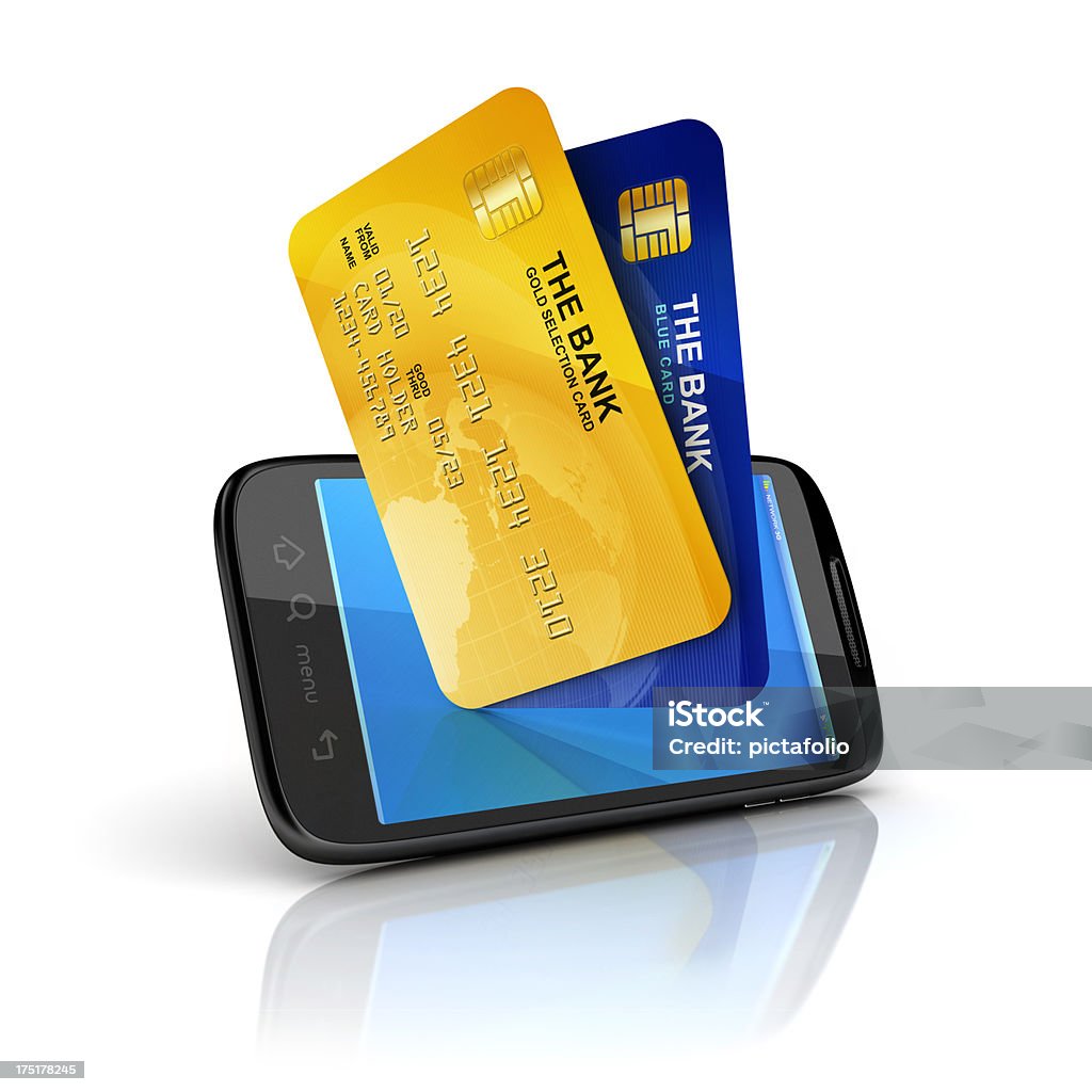 mobile und Bankkarten kaufen - Lizenzfrei Freisteller – Neutraler Hintergrund Stock-Foto