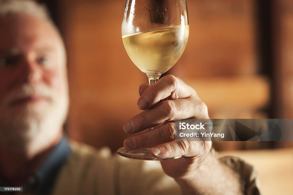 Assaggio dei produttori di vino degustazione di un bicchiere di vino bianco Hz - Foto stock royalty-free di Freddo