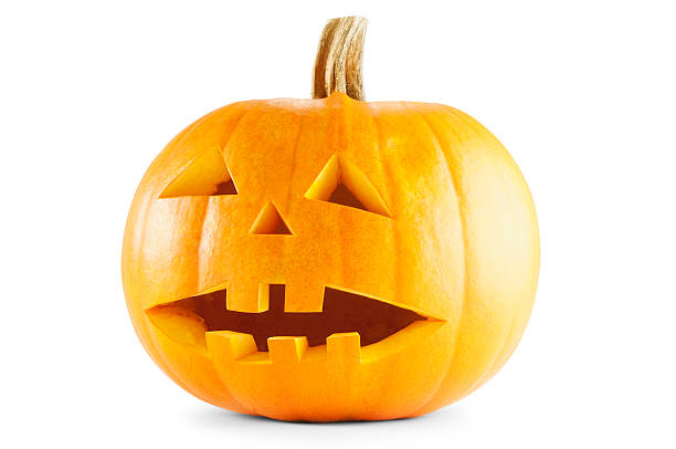 istock Carved orange halloween pumpkin on white background 175179011