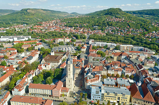 Areal view over Jena - Thuringia, Germany. View from the Intershop Tower in the middle of the city, 133m high. View to the Engelplatz and church St. Michael.