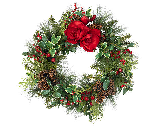istock Christmas Wreath with red flowers on white background 175179244