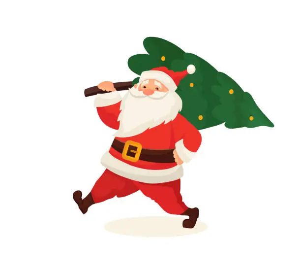 Vector illustration of Santa Claus funny cute character with Christmas tree isolated on white background. Christmas holiday vector illustration in flat cartoon style